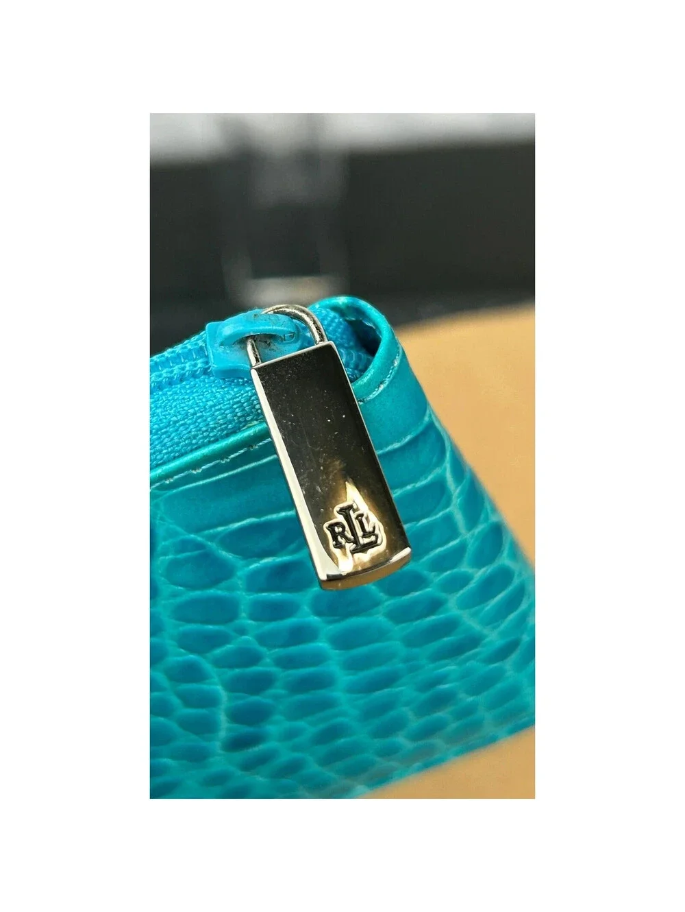 VTG Ralph Lauren Turquoise Croc Embossed Zip Around Coin Purse Wallet